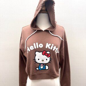 Hello Kitty Brown Crop Hoodie Sz M Sanrio Kawaii Cozy Y2K Streetwear Sweatshirt